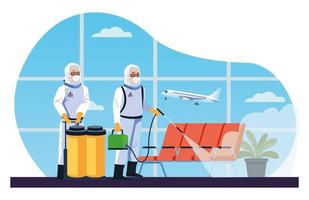Airport disinfection by biosafety workers vector