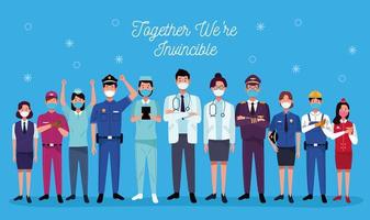 Group of workers using medical masks and together we are invincible lettering vector