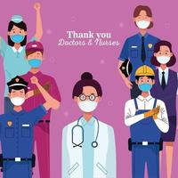 Group of workers using protective masks with thank you message vector