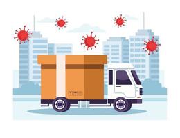 Truck delivery service with some COVID 19 particles vector