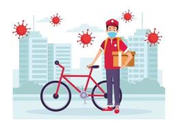 Courier with bicycle delivery service with COVID 19 particles vector