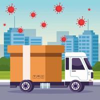 Truck vehicle delivery service with coronavirus particles vector