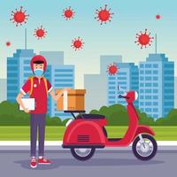 Courier in motorcycle delivery service with COVID 19 vector