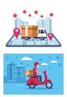 delivery service online with covid 19 particles vector