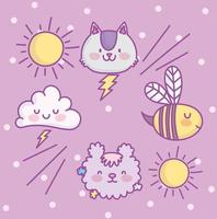 Kawaii animal characters faces and nature elements vector