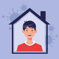 Young man inside house with COVID 19 particles vector