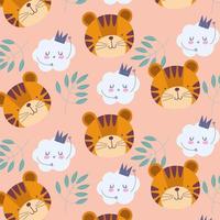 Little tiger faces with clouds and foliage pattern background vector