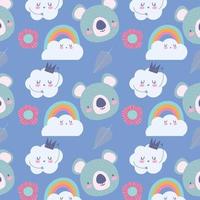 Pequeñas caras de koala con fondo de patrón de nubes vector