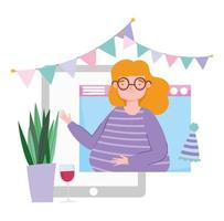 Woman on the tablet partying online vector