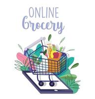 Online grocery of a shopping cart with a smartphone and foliage