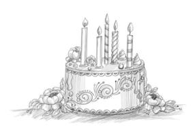 Happy Birthday Decorative Cake with Candles Line Sketch vector