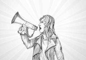 Sketch of Woman Holding Megaphone on White, Gray Rays vector