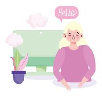 Young woman with a computer and a greeting speech bubble vector