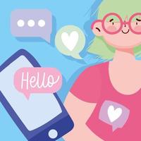 mujer joven, con, un, smartphone, sms, chat vector