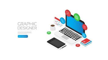 Isometric graphic designer laptop workspace vector