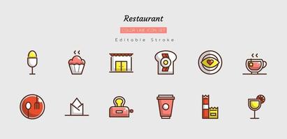 Filled line restaurant icon set vector