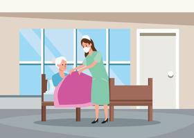 Nurse protecting elderly person in bed characters vector