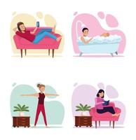 Set of scenes of people in quarantine house places vector