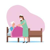 Nurse taking care of elderly woman characters