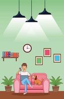 Work at home young man on sofa vector