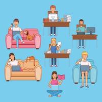 Set of scenes of people working at home vector