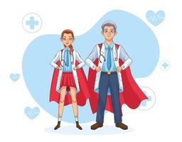 pareja de súper doctores con capa de héroe vector