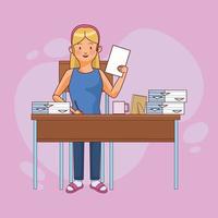 Woman character working at home with papers vector