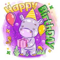 Cute Hippopotamus Celebrates Birthday with Gift vector