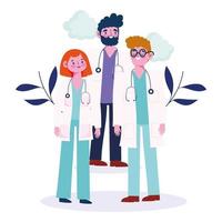 Group of doctors with foliage and clouds vector