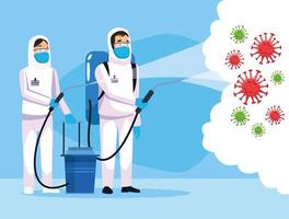 Biohazard cleaning persons with sprayer fighting coronavirus  vector