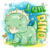 Cute Green Triceratops Playing with Butterfly vector