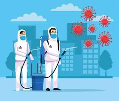 Biohazard cleaning persons and coronavirus particles vector