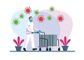 Biohazard cleaning person with COVID 19 particles vector