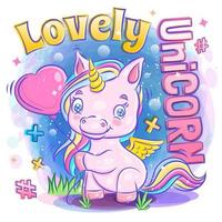 lindo unicornio sonríe y sostiene un globo de amor vector