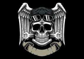 Mechanic skull head with wings and banner emblem vector