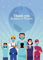 Group of workers using medical masks with thank you message vector