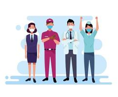 Group of workers and staff using facial masks vector