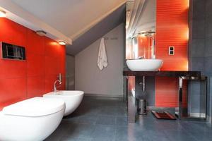 Red and grey bathroom photo