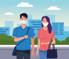 Young couple using face mask for coronavirus  vector