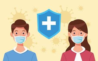 Couple using face mask with shield and COVID 19  vector
