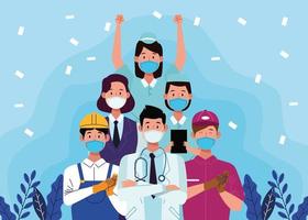 Group of workers wearing face masks vector