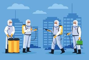 Biosafety workers disinfect street against COVID 19 vector
