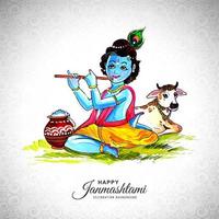 Happy Krishna Sitting on Ground Playing Flute Janmashtami Festival