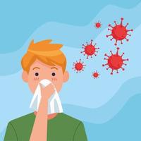 Young man with flu due to COVID19  vector