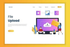 File upload landing page template with tiny people vector