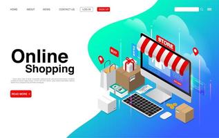 Online Shopping on Computer Desktop Landing Page vector