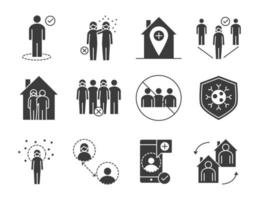 Social distancing and infection control silhouette pictogram set vector