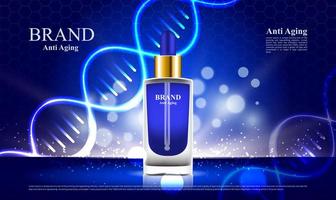 anuncio antienvejecimiento de cosméticos azules brillantes con adn vector