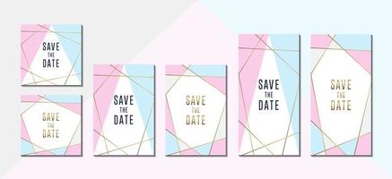 Pastel color invitation set with geometric gold frames vector