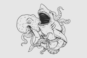 Octopus and shark hand drawing vector